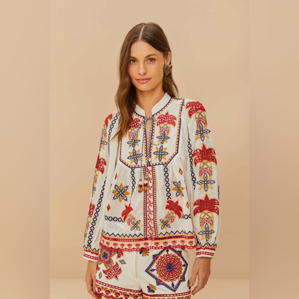 FARM Rio Off-White Marys Tiles Embroidered Blouse